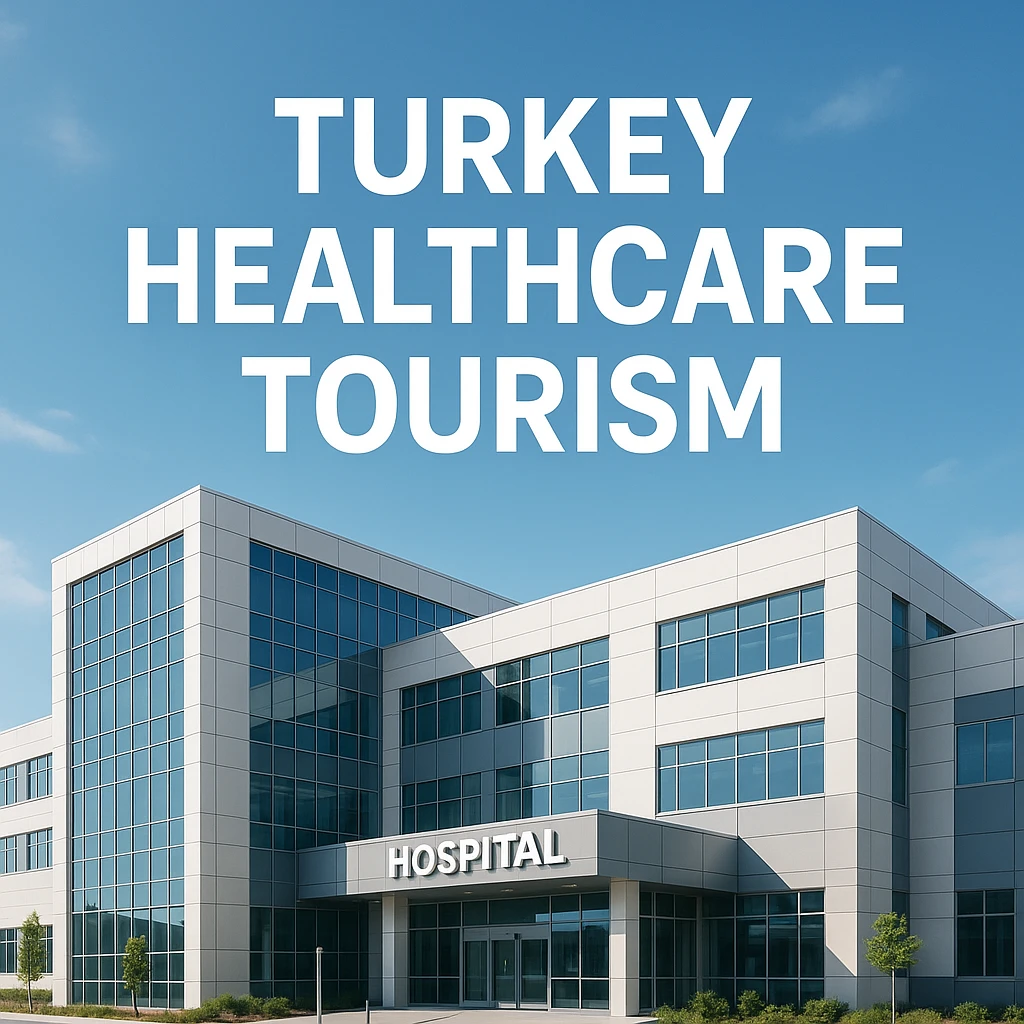 Turkey Healthcare Tourism illustrated through a modern hospital building with sleek glass architecture, clean lines, and no cultural or human elements, symbolizing advanced healthcare infrastructure in Turkey under a clear blue sky.