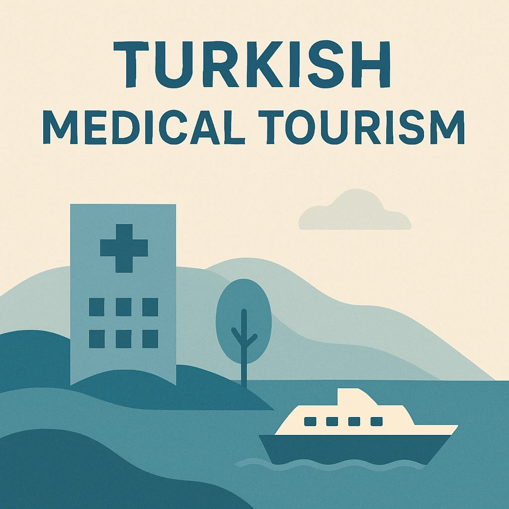 Turkey Medical Tourism illustrated in a flat, minimalist style showing a hospital building, hills, a tree, and a cruise ship on calm waters, with no cultural or human elements included — representing Turkish healthcare infrastructure in a clean, abstract design.