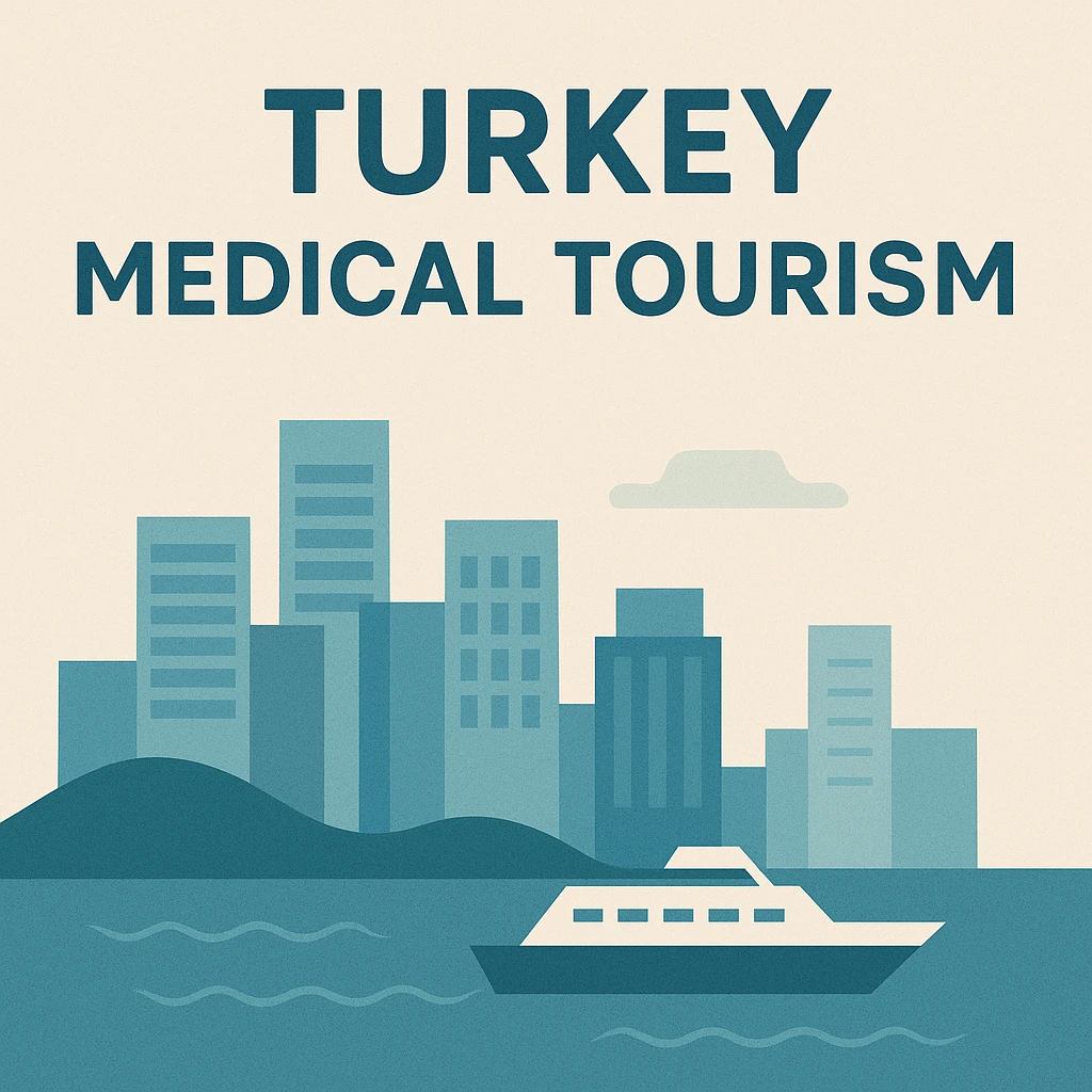 Turkey Medical Tourism text displayed in bold on a flat, modern beige background with minimalist blue skyscrapers and a cruise ship illustration, designed without any cultural or human elements.
